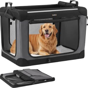 Feandrea Collapsible Dog Crate, 36-Inch Portable Dog Travel Crate for Large Dogs, Oxford Fabric Pet Carrier with 4 Mesh Doors, Handles, Storage Pocket, Water Bottle Holder, Ink Black UPDC019B01