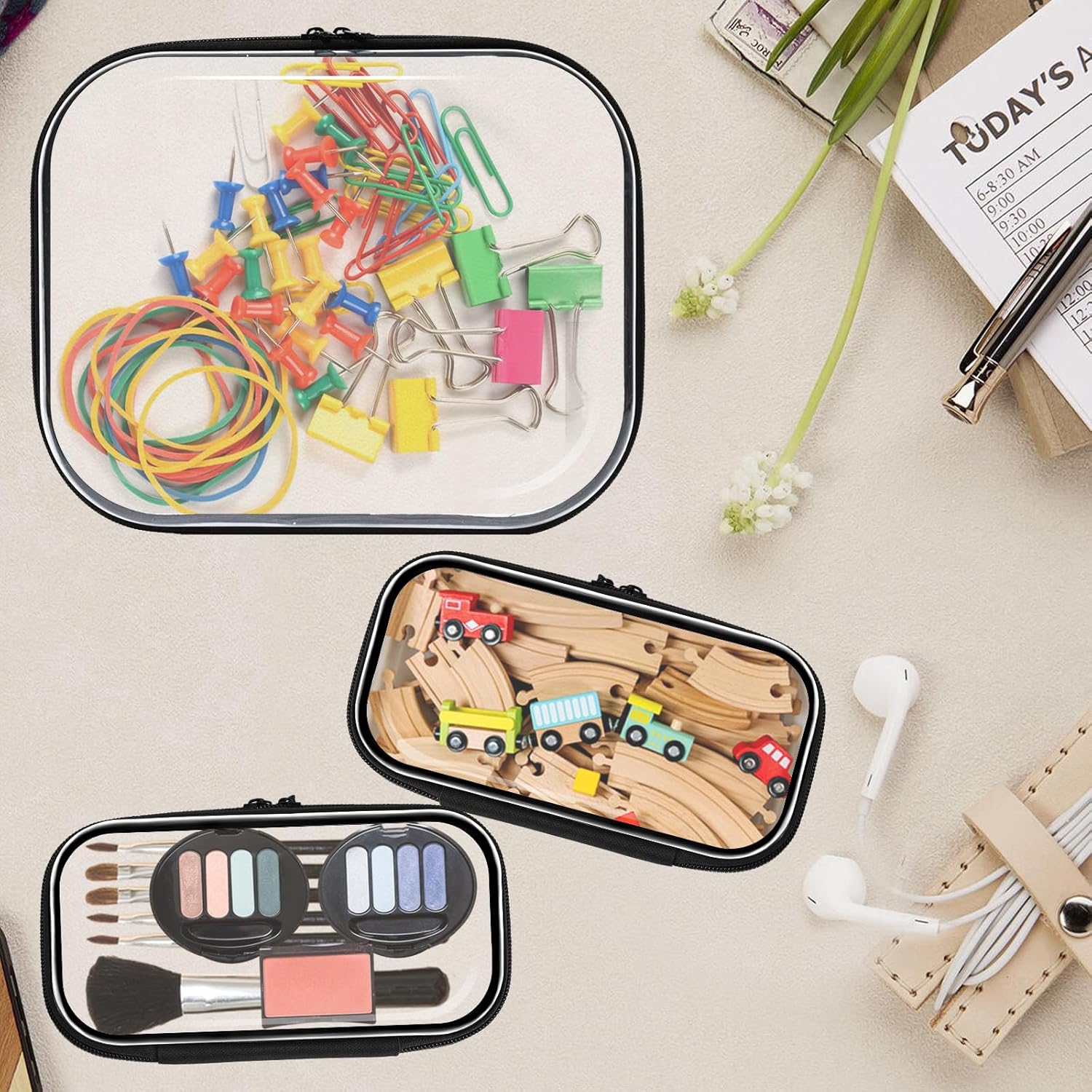 Clear Hard Shell Zipper Case 3 Pack, Hard Plastic Bag, Clear Travel Toiletry Pouch,Portable Cosmetic Bag with Zipper,Toy Storage Bins, Pencil Storage Organizer, Office Supplies Storage Case - Image 7