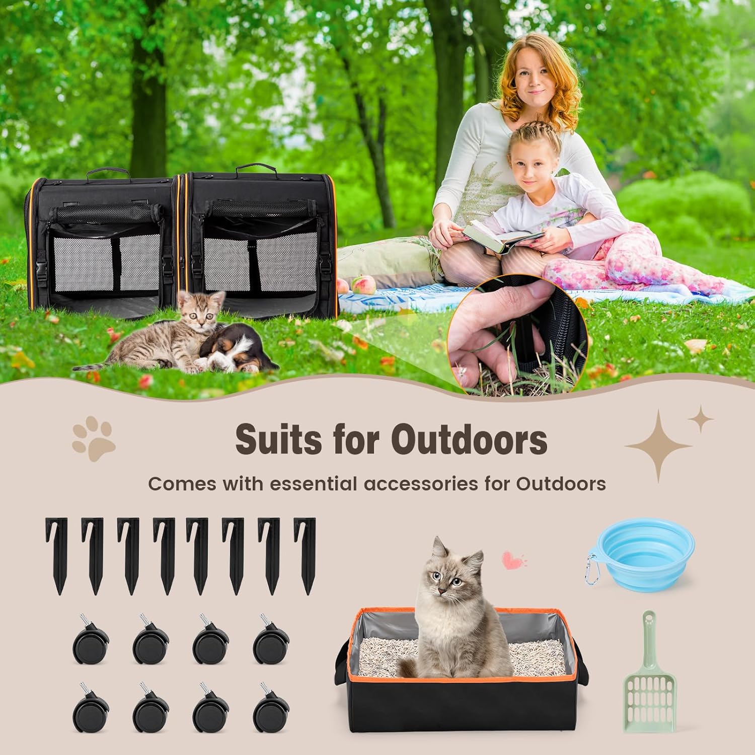 2-in-1 Cat, Dog Carrier for Pets up to 30 Lbs, Double Pet Carrier Car Travel Portable Twin Compartment Pet Kennel Dog Crate Set with Litter Box, Bowl for Outdoor Camping - Image 6