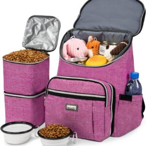 BAGLHER Travel Dog Backpack - Detachable Travel Dog Food Container for Pet Supplies Dog Gear Backpack,Dog Bag for Traveling with 2 Silicone Collapsible Bowls and 2 Food Baskets Pink
