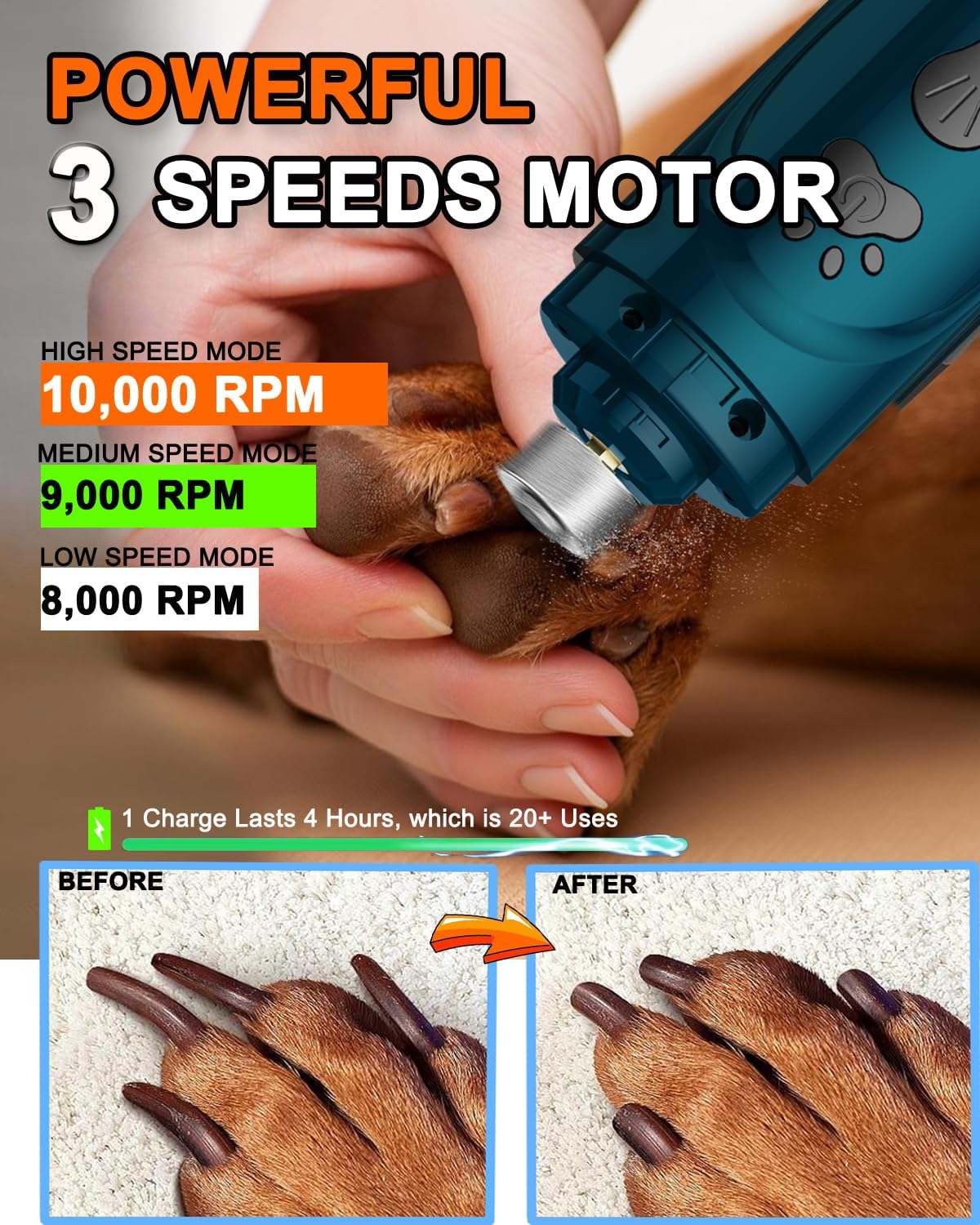 Dog Nail Trimmers and Dog Nail Clippers Kit, Whisper Quiet Electric Grinder with Light, for Small, Medium, Large Dogs, Cats Toenail Grooming, 3 Speeds - Image 5