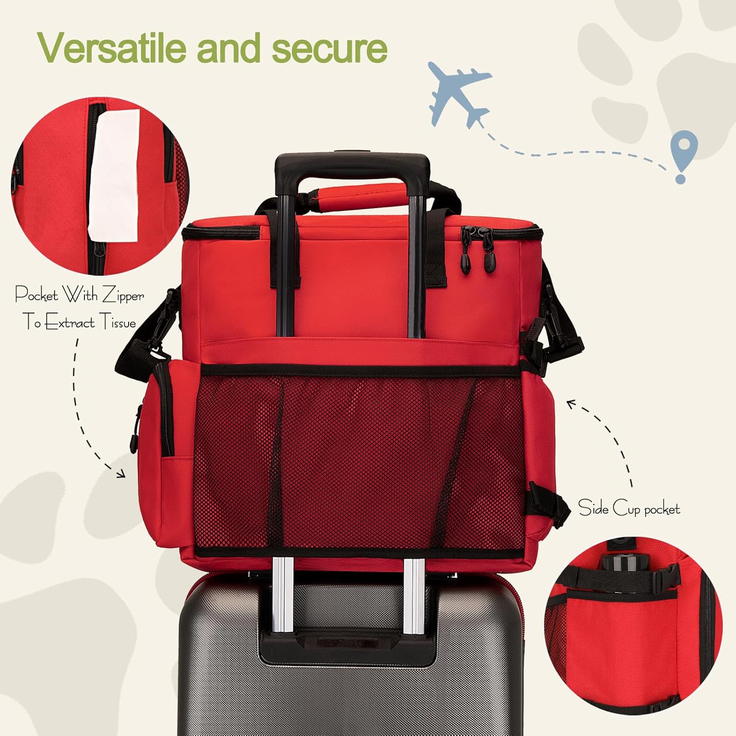 Dog Travel Bag,Weekend Pet Travel bag Set for Dog and Cat,Airline Approved Tote Multi-Function Bags for Traveling,Include 2 Collapsible Bowls,2 Food Storage Containers,1 Feeding Mat,Red - Image 5