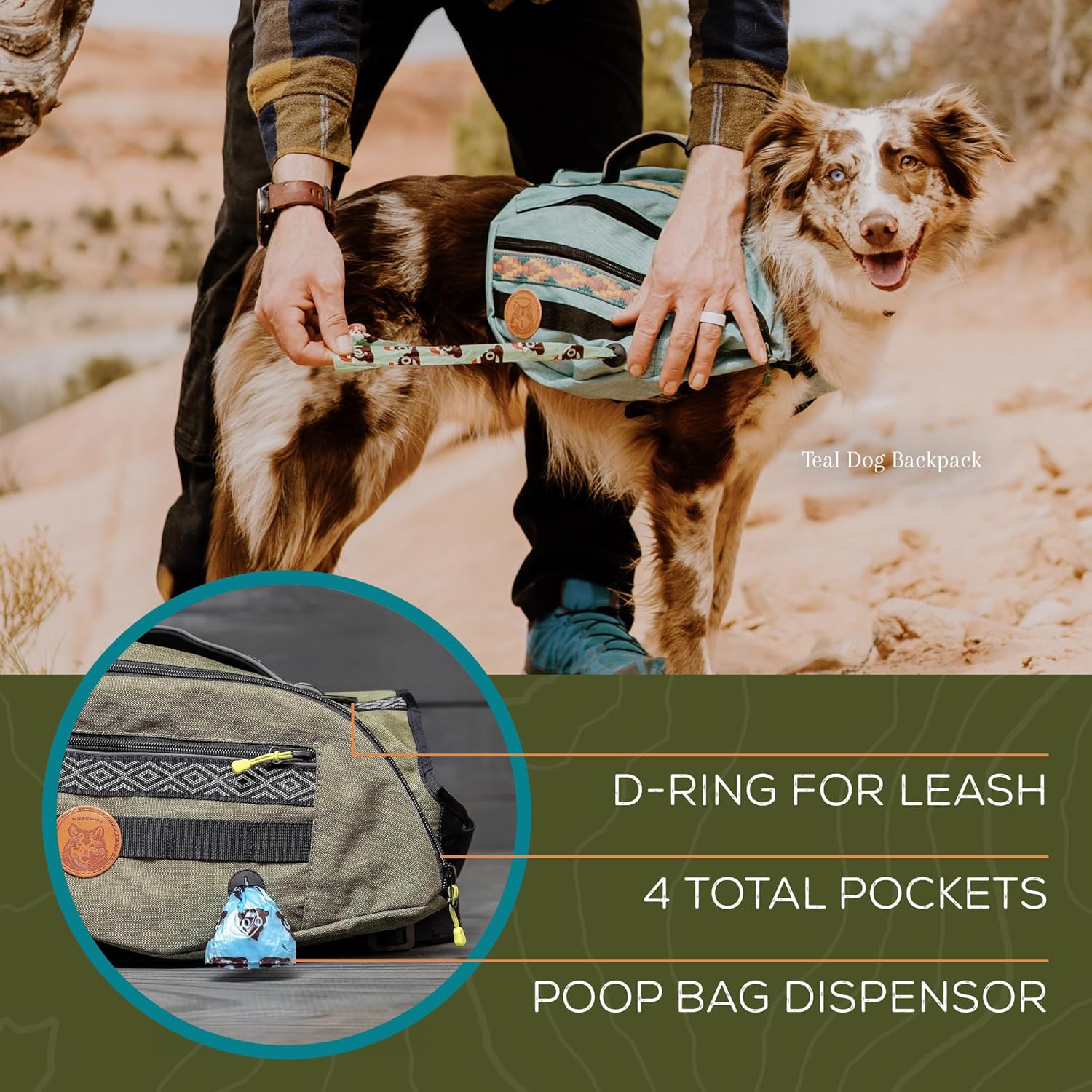 Widlerdog Dog Backpack with Built in Harness and Back-Mounted D-Ring Leash Attachment, Handle, Two Saddlebags with 4 Total Pockets, Built in Poop Bag Dispenser (Huckleberry, Medium) - Image 4