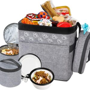 Dog Travel Bag with Treat Pouch, Airline Approved Dog Bags for Traveling, 2 Dog Food Travel Container, 2 Travel Bowls, Weekend Dog Travel Bag for Supplies, Dog Travel Kit Accessories