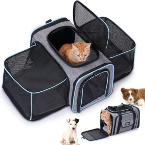 2 Sides Travel Expandable Pet Carrier Bag (Large), Soft-Sided Cat Carrier with Pad & Pocket & Removable Shoulder Strap – 18″x11″x11″ Dog Carrier