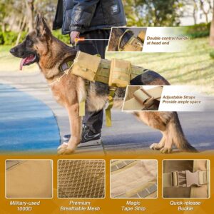 AIWAI Tactical Dog Harness with Pouches,Dog Vest Harness for Large Medium Dogs No-Pull Adjustable Military Dog Harness with Handle Walking Hiking Training (Khaki, L)