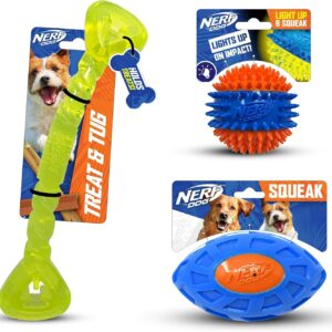 Nerf Dog Toy Gift Set, 3-Piece Set of Outdoor Dog Toys for Tug and Fetch, Includes Spike Squeak Ball, Treat Tug Bone and Exo Squeak Football