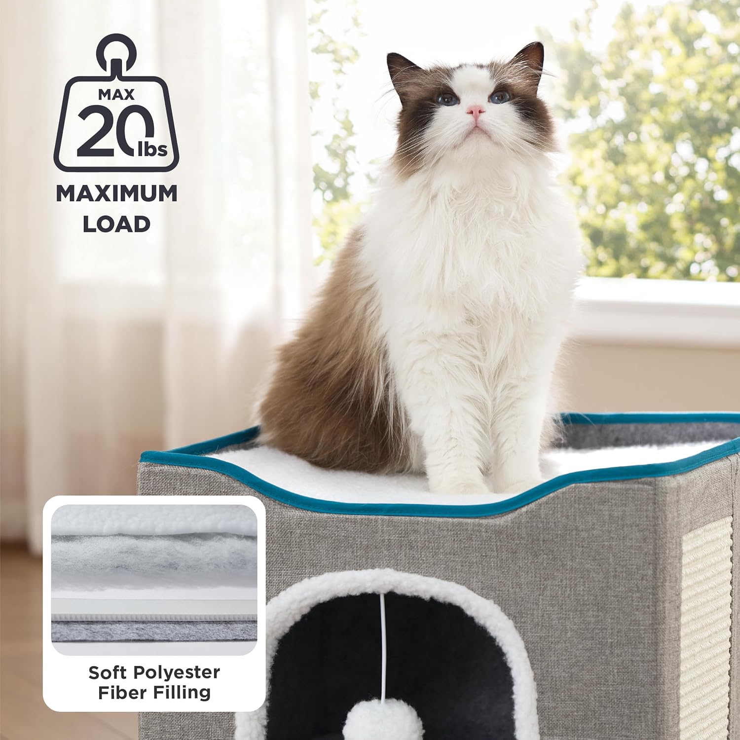 Bedsure Cat Beds for Indoor Cats - Large Cat Cave for Pet Cat House with Fluffy Ball Hanging and Scratch Pad, Foldable Cat Hideaway, 16.5x16.5x13 inches, Grey - Image 2