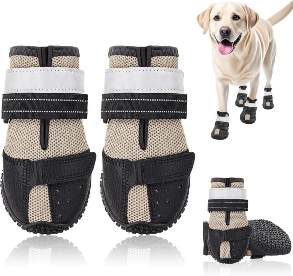Dog Shoes for Large Dogs, Breathable Dog Booties for Hot Pavement, Anti-Slip Rubber Dog Booties Paw Protectors with Reflective Strap for Outdoor Walking Hardwood Floor Hiking, Size 6