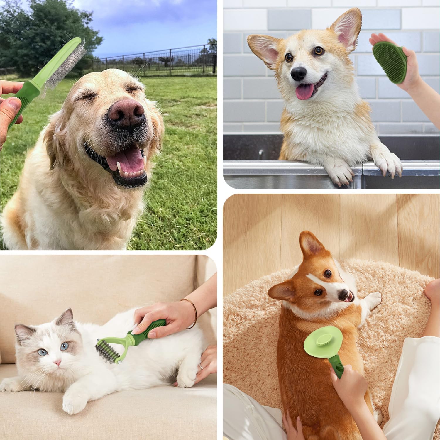 Nobleza 6PCS Dog Grooming Kit, Self-Cleaning Slicker Brush with Massage Tips, Dematting Comb for Shedding and Tangles, Ergonomic Bath Brush, Adjustable Handle, Safe for Dog Cat Puppy, Green - Image 9