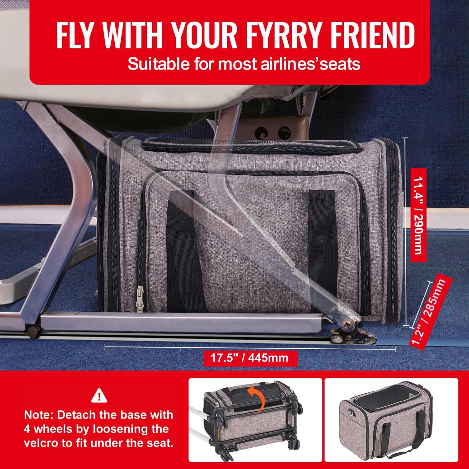 Happybuy Cat Carrier with Wheels, Airline Approved, Rolling Pet Carrier with Telescopic Handle, Shoulder Strap & Folding Bowl, Holds Pets up to 25 lbs, Grey - Image 2