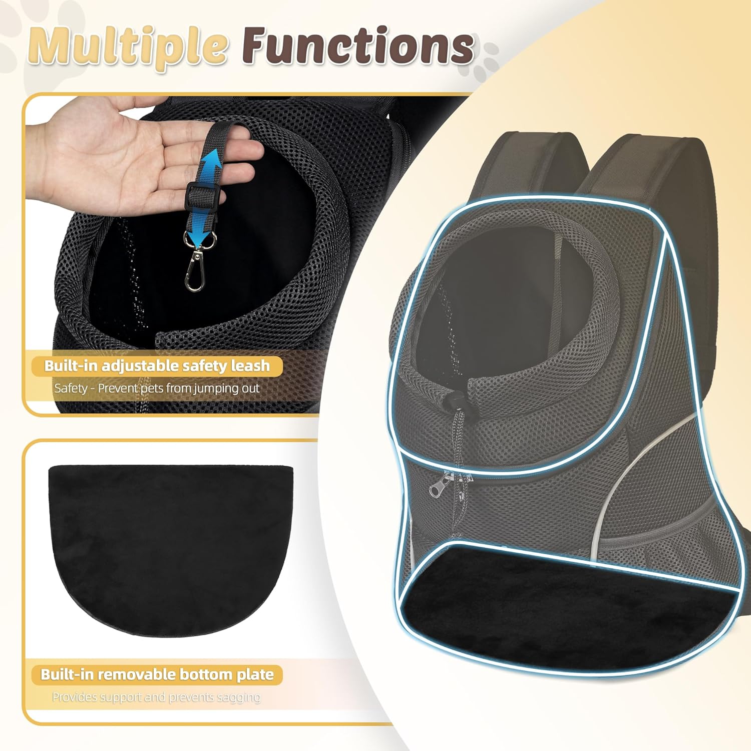 WOYYHO Pet Dog Carrier Backpack Small Dog Front Backpack Ventilated Dog Carrier Back Pack with Storage Pockets, Adjustable Straps & Safety Belt for Travel Hiking Outdoor (Sizes: 2-4.5 lbs, All Black) - Image 2