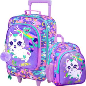 2Pcs Kids Suitcase for Girls, 18" Cat Carry on Luggage Set with Wheels, Cute Travel Rolling with 12" Toddler Backpack(Purple)