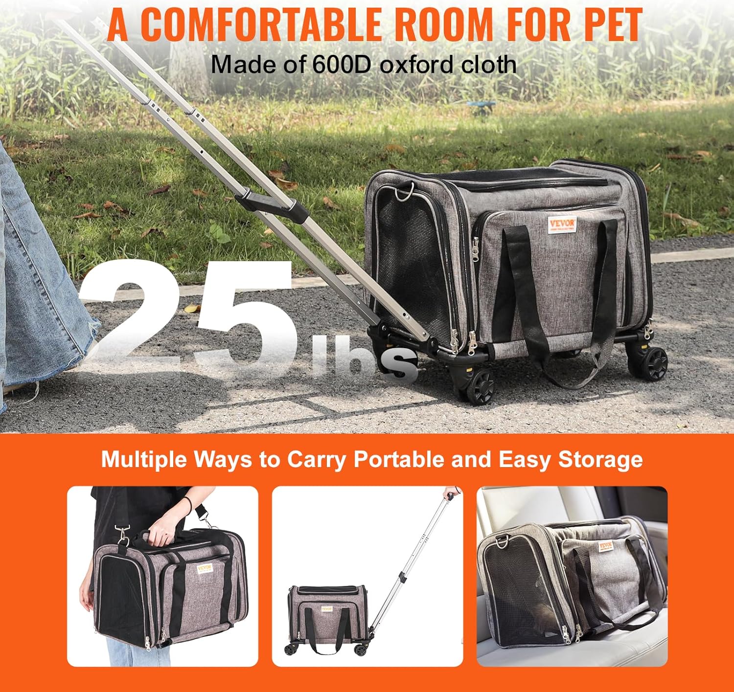 VEVOR Airline Approved Pet Carrier with Wheels, Expandable Rolling Cat Dog Carrier for Medium Dogs and Cats Under 25LBS, Pet Travel Carrier on Wheels with Upgraded Wheels and Telescopic Handle - Image 5