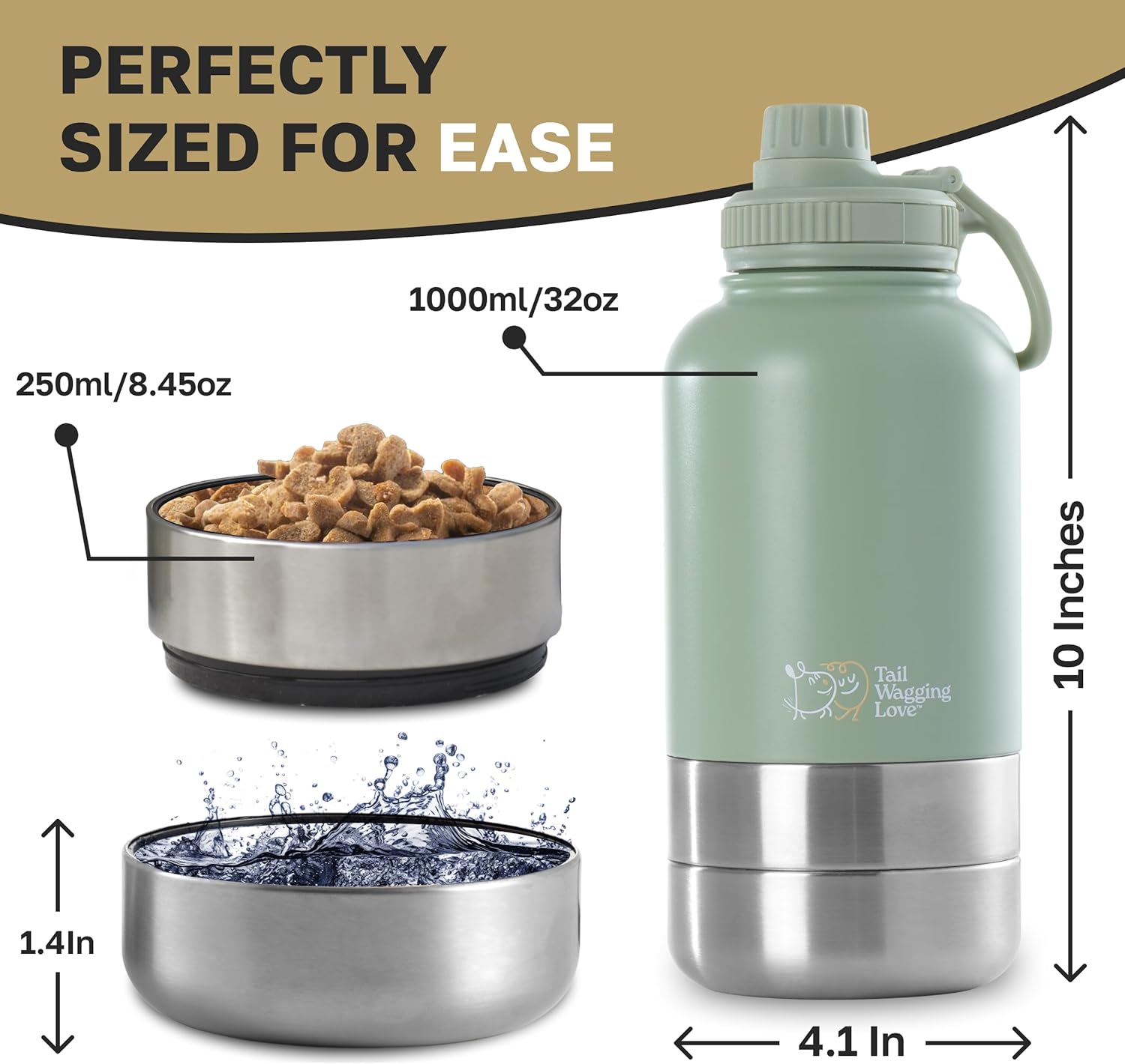32oz 3-in-1 Portable Travel Water Bottle, Food & Hydration Bottle - Dual Use for Humans & Pets with Detachable Bowls, Stainless Steel, Keeps Water Hot for 6hrs & Cold for 12hrs - Image 9