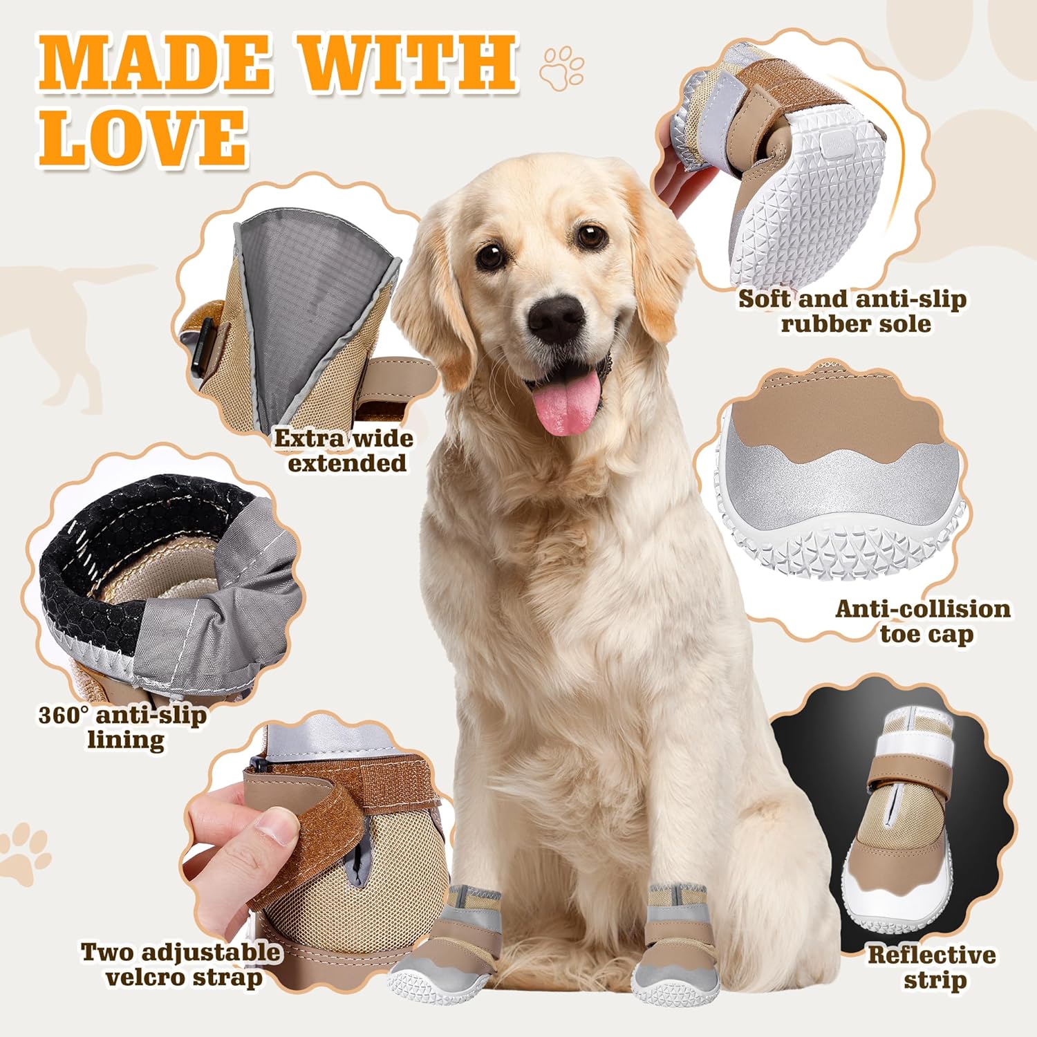 DcOaGt Dog Shoes Large Size Dogs,Mesh Breathable Dog Boots & Paw Protectors for Hot Pavement Summer Winter Snow, 360°Anti-Slip Dog Booties with Reflective Strips for Hiking/Walking,Khaki 4PCS(Size 6) - Image 4