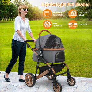 BestPet Pet Dog Stroller Premium 3-in-1 Multifunction 4 Wheels Aluminium Frame Folding Lightweight Cat Travel Stroller with Detachable Carrier,66lbs Capacity, Grey