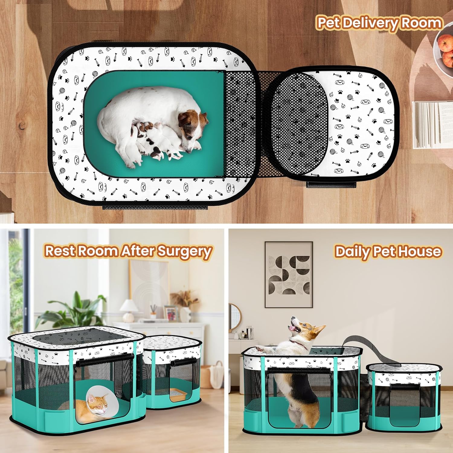 Portable Cat Playpen, 8-Rod Reinforced Kitten Dog Playpens, Foldable Play Pen for Indoor Cats Enclosed Pet Puppy Doggy Outdoor, Collapsible Tent Kennel Cage House(32"x24"x22") - Image 6