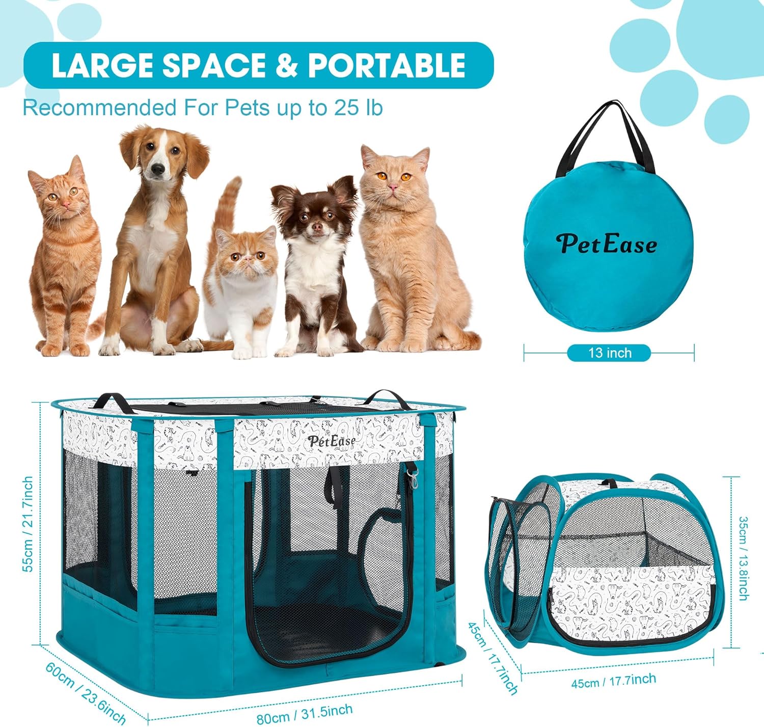 Portable 2-in-1 Dog Crate playpen, Outdoor Cat Playpen with Litter Box Area for Indoor Cats Enclosed Rabbit Puppy Hamster Indoor/Outdoor Cats Enclosure Cages Tent (Peacock Blue) - Image 3