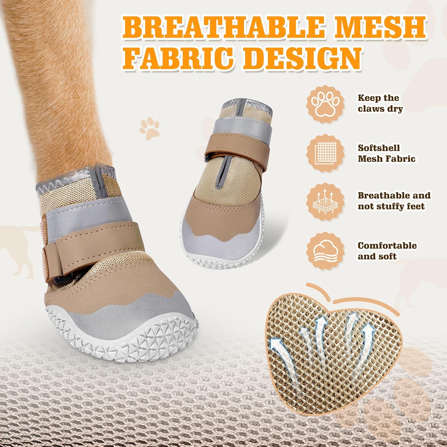 DcOaGt Dog Shoes Large Size Dogs,Mesh Breathable Dog Boots & Paw Protectors for Hot Pavement Summer Winter Snow, 360°Anti-Slip Dog Booties with Reflective Strips for Hiking/Walking,Khaki 4PCS(Size 6) - Image 3