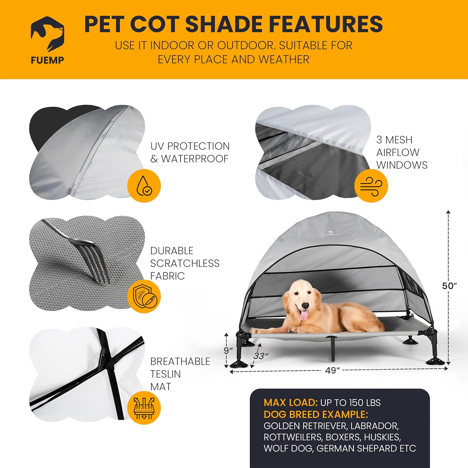 Elevated Dog Bed with Canopy |Included Travel Bag| |XL Size Portable Dog Bed|Widened Anti Slip Feet & Rain Resistant|Cooling|Elevated|Raised Cot for Large Dogs|Removable Shade - Image 3