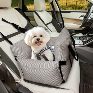 Dog Car Seats for Small Dogs, Puppy Car Seat Under 15 lbs, Small Dog Bed for Travel, Elevated Pet Seat with Safety Belt, Non-Slip Base, and Storage Pockets (Brown)