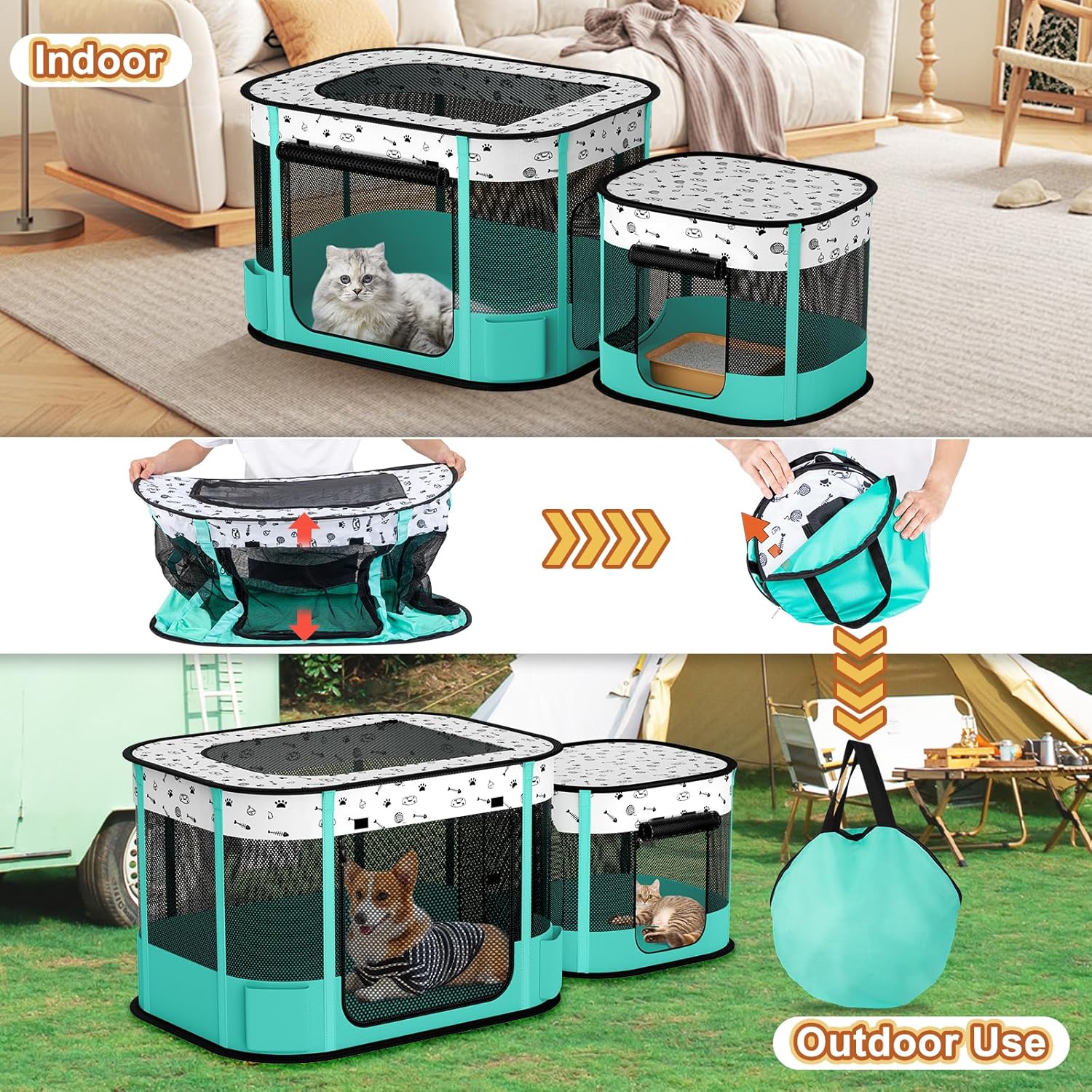 Portable Cat Playpen, 8-Rod Reinforced Kitten Dog Playpens, Foldable Play Pen for Indoor Cats Enclosed Pet Puppy Doggy Outdoor, Collapsible Tent Kennel Cage House(32"x24"x22") - Image 5