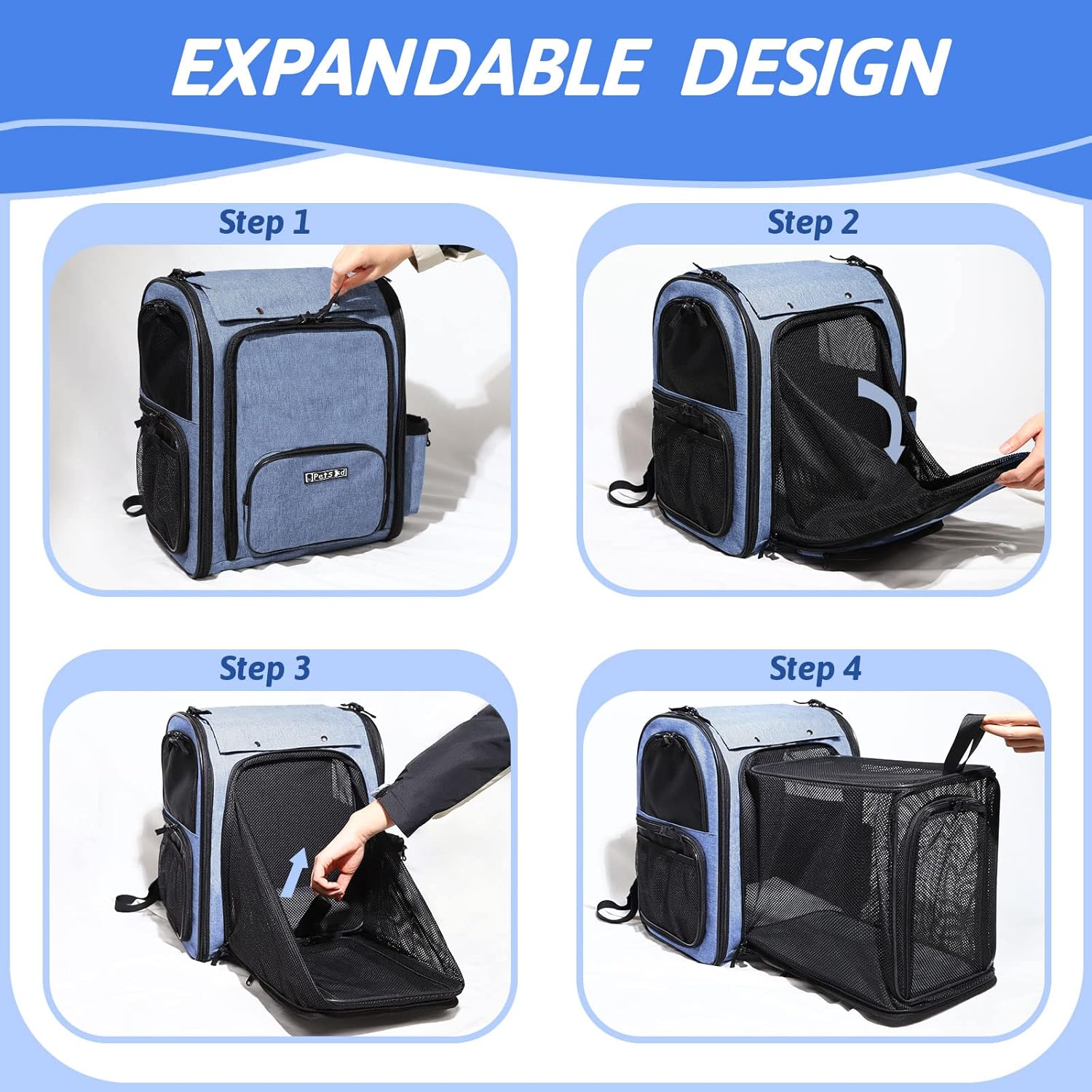 Petskd Expandable Pet Carrier Backpack for Small Medium Dog and Cat, Large Space Fits up to 15 lbs Pet, Foldable Backpack with Safety Lock Zipper and Breathable Mesh for Travel Hiking Camping(Blue) - Image 7