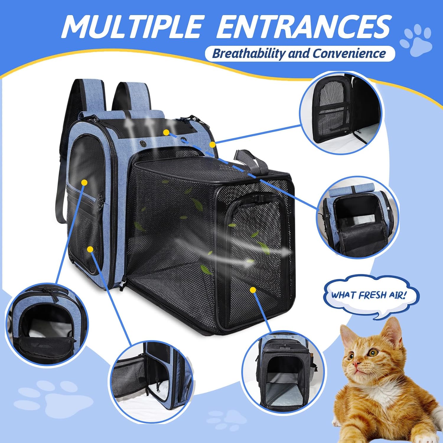 Petskd Expandable Pet Carrier Backpack for Small Medium Dog and Cat, Large Space Fits up to 15 lbs Pet, Foldable Backpack with Safety Lock Zipper and Breathable Mesh for Travel Hiking Camping(Blue) - Image 5