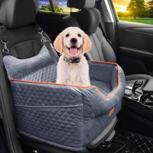 Dog Car Seat – Memory Foam Dog Booster Seat for Small Dogs Up to 25lbs-Elevated Pet Car Seat with Storage Pockets and Dog Seat Belt-Soft Pet Travel Bed for Front & Back Seats-Removable Washable-Grey
