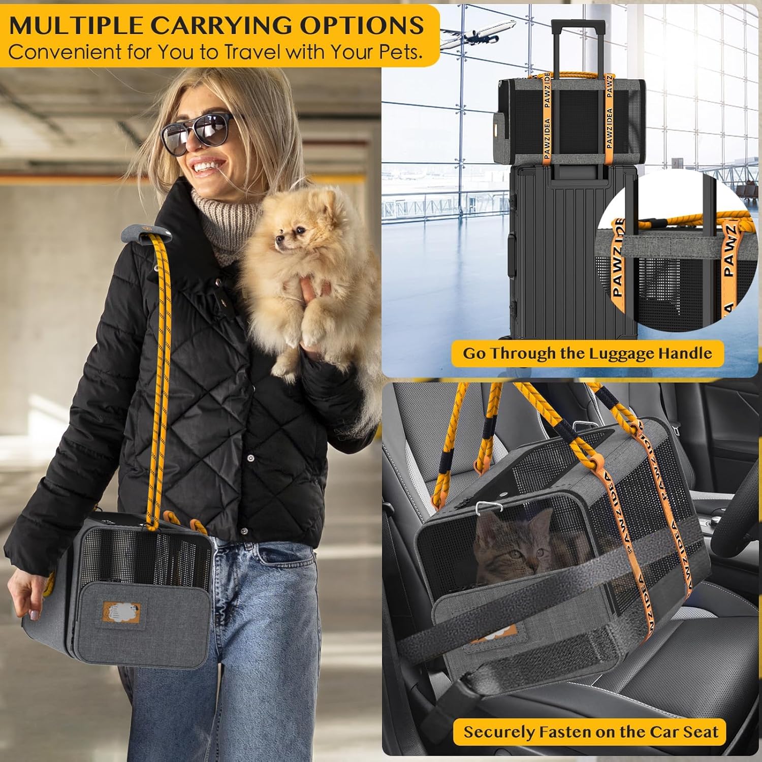 PAWZIDEA Expandable Pet Carrier w/ID Card, 18x11x11 in Small Dog Carrier TSA Airline Approved, Top Load Cat Carrier for 2 Cats Under Seat, Soft-Sided Collapsible Puppy Car Seat Dog Travel Bag, Up 15lb - Image 3