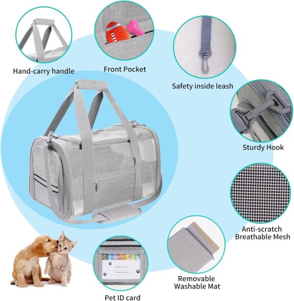 Soft Sided Cat Carrier for Small Cats Puppies up to 15 Lbs, Airline Approved Pet Carrier Collapsible Travel Puppy Carrier with Reflective Strip, Grey - Image 5