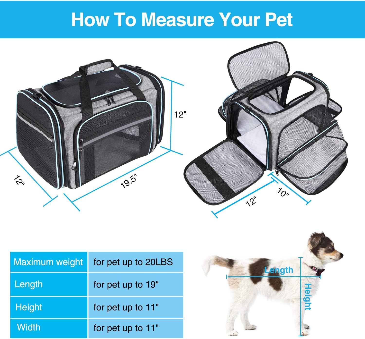Airline Approved Portable Pet Carrier 2 Sides Expandable Soft-Sided Large Cats Carrier Collapsible Kennel Travel TSA Carrier 4 Doors with Removable Pads and 3 Pockets for Puppy Small Dogs - Image 2