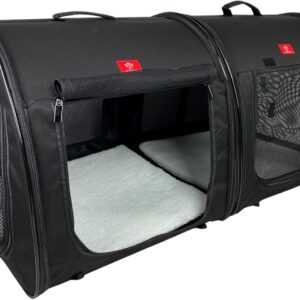 Portable 2-in-1 Double Pet Kennel/Shelter, Fabric, Black/Royal Blue 20"x20"x39" - Car Seat-Belt Fixture Included (Black)