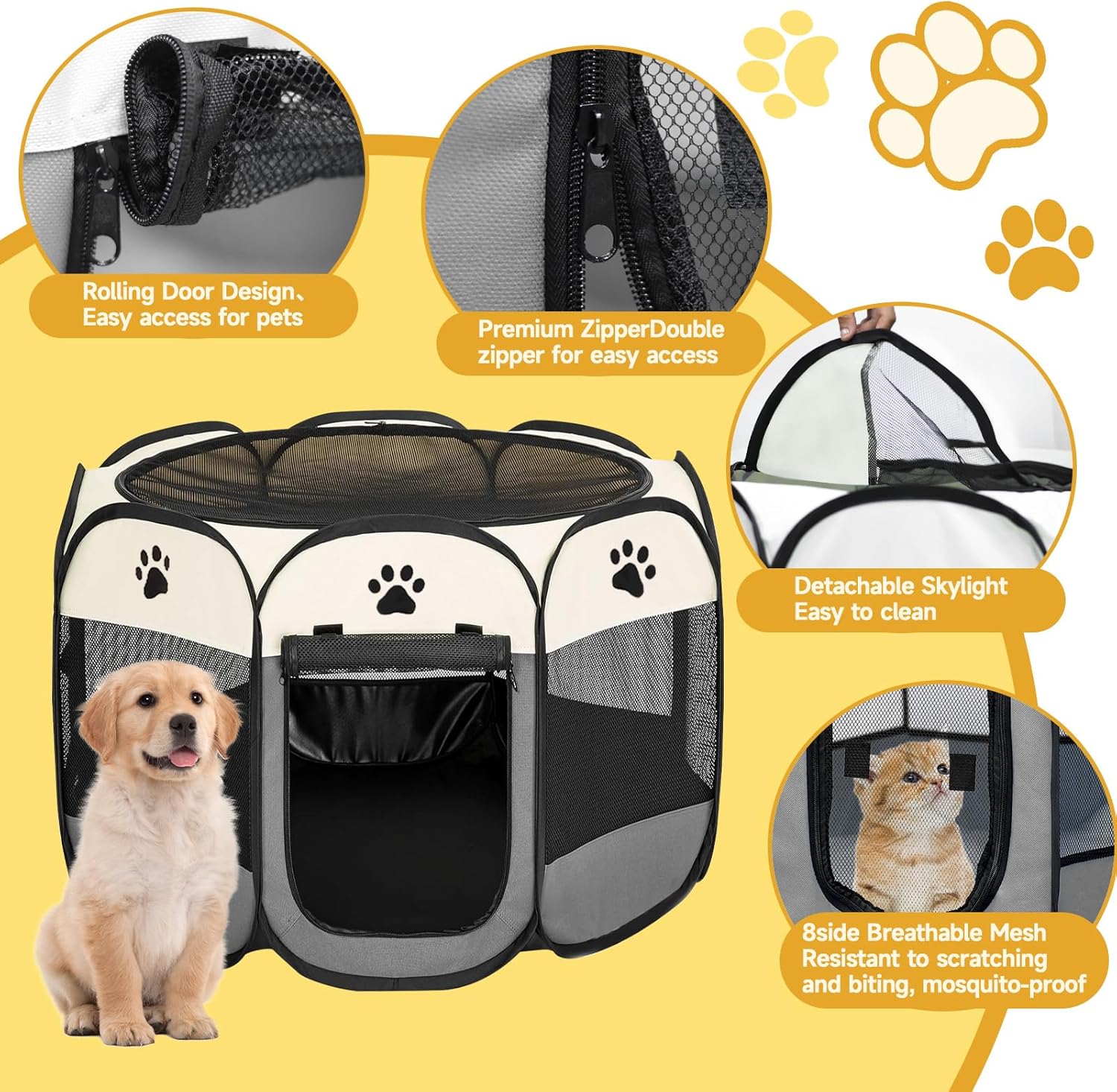 Dog Cat Playpen, Puppy Pet Playpen Indoor for Small Dogs Tent Crates Cage Outdoor, Portable Pop Up Dog Kennel Playpen Cat Tent for Dogs/Cats/Rabbits, Removable Zipper Top, Grey - Image 3