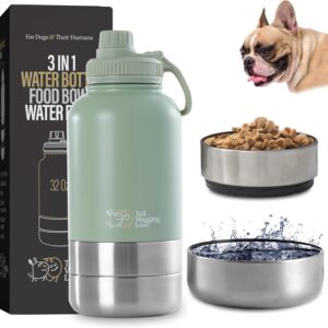 32oz 3-in-1 Portable Travel Water Bottle, Food & Hydration Bottle - Dual Use for Humans & Pets with Detachable Bowls, Stainless Steel, Keeps Water Hot for 6hrs & Cold for 12hrs