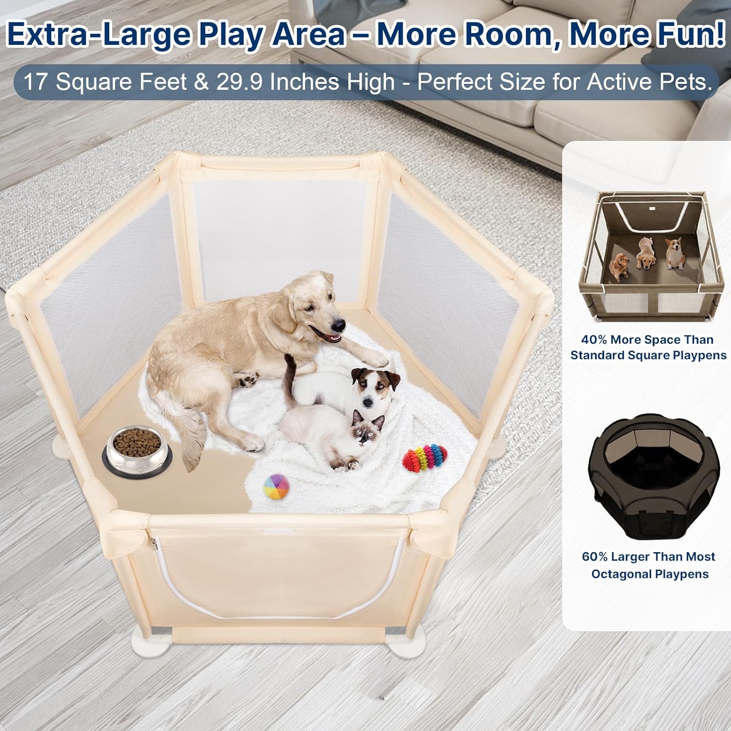 58.3"x58.3"x29.9" Large Dog Playpen Indoor, Extra Tall Puppy Playpen with Removable Roof, Sturdy Fabric Dog Pen for Medium to Large Pets, Spacious Hexagonal Pet Playpen Indoor for Comfort & Security - Image 2