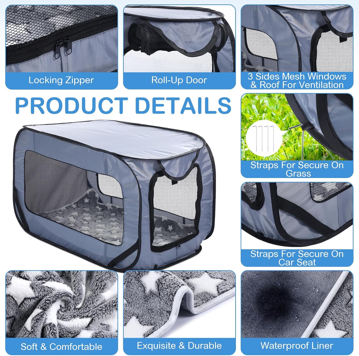 37 Inch Collapsible Dog Crate with Mat Liner Pop up Dog Kennel Waterproof Portable Car Seat Kennel Travel Crate for Pet Indoor Outdoor Cat Bed Collection(Gray) - Image 3