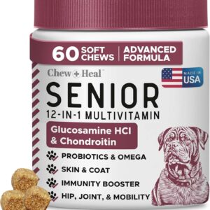12-in-1 Multivitamin for Senior Dogs – 60 Senior Dog Vitamin and Supplement Soft Chews for Hip and Joint – Advanced Formula with Glucosamine, Omega 3,6,9, Vitamins, Probiotics – Made in The USA