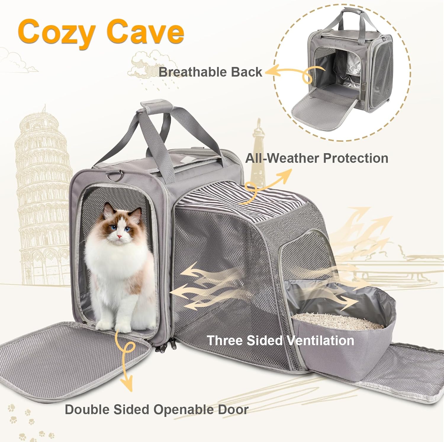 Cat Carrier with Litter Box, Expandable Cat Travel Carrier for Car, Soft Sided Cat Carrier for Cats/Puppies up to 25 lbs, Grey - Image 6