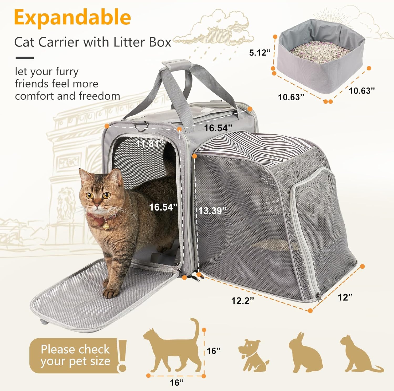 Cat Carrier with Litter Box, Expandable Cat Travel Carrier for Car, Soft Sided Cat Carrier for Cats/Puppies up to 25 lbs, Grey - Image 4