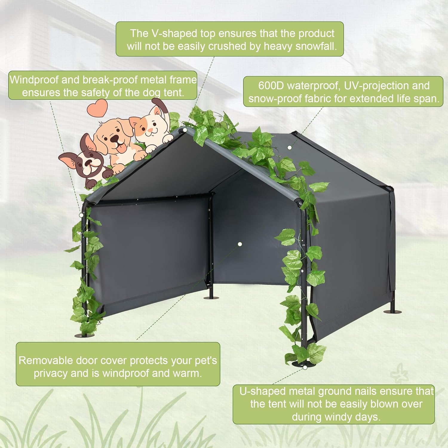 4'x 4'x 3.3' Large Dog Shade Shelter Outdoor Tent Dog House for Large Medium Dogs, Outside Sun Rain Canopy Pet House for Cats Pigs Livestock with Rainproof Cover Artificial Grapevine Leaves - Image 5
