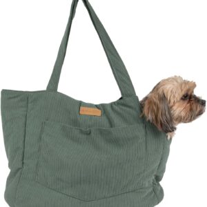 Corduroy Dog Carrier - Lightweight Cotton Soft-Sided Pet Tote with Safety Harness Clip - Breathable Travel Carrier for Small Dogs and Puppies (Green)