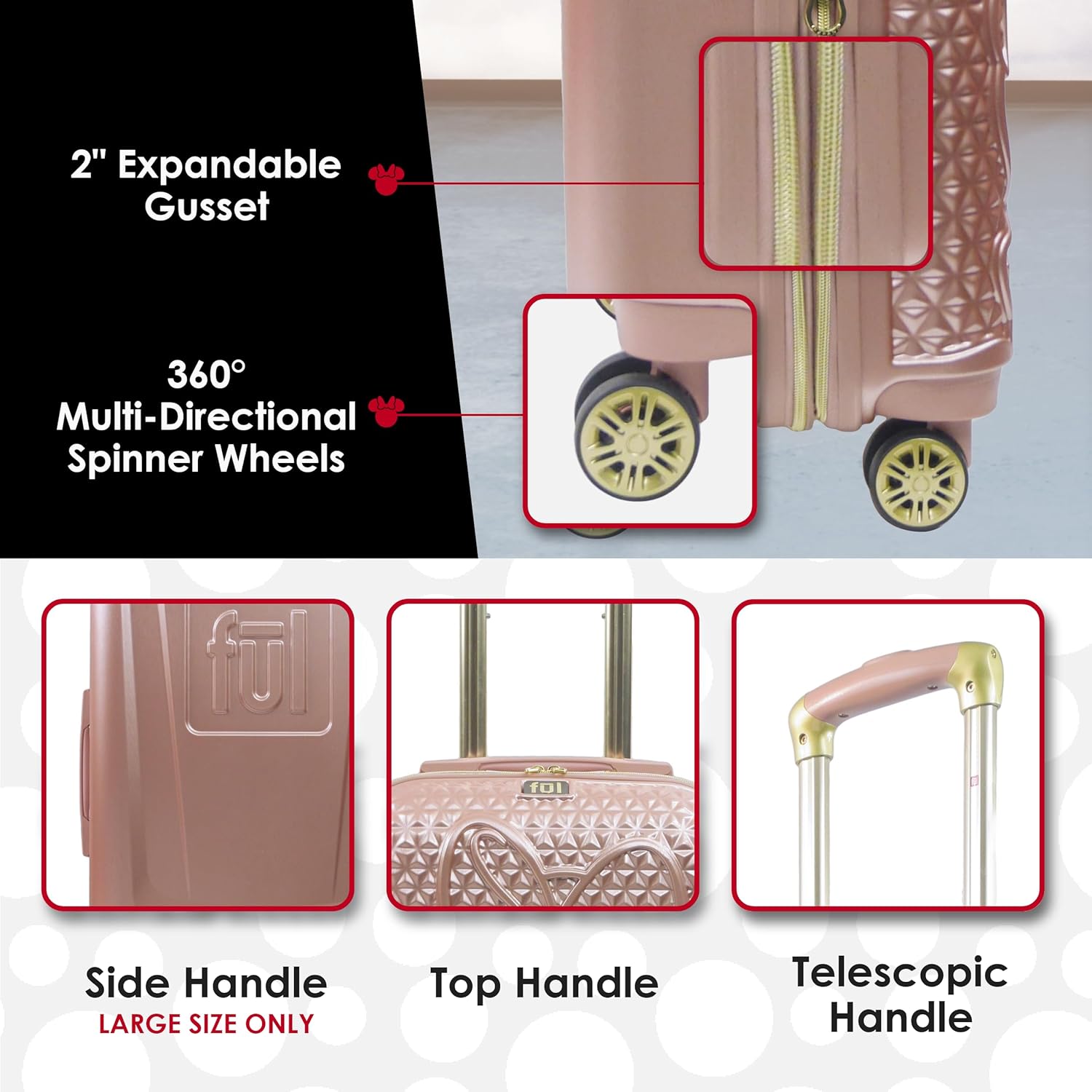 FUL Disney Minnie Mouse Rolling Luggage, Textured Hardshell Suitcase with Wheels, Rose Gold, 3 Piece Set - Image 5