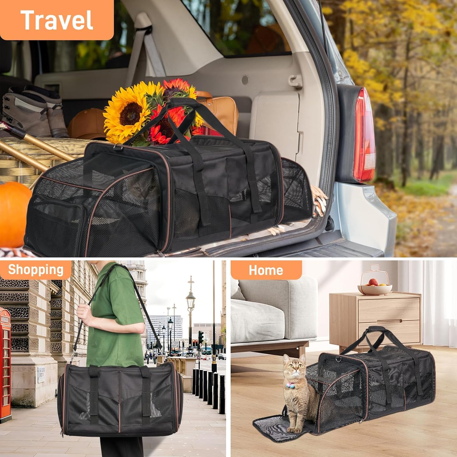 Cat Travel Carrier with Litter Box, Expandable Cat Carrier for 2 Cats for Car Travel, Soft Sided Pet Carrier for Cats and Dogs up to 30lbs, Black - Image 3