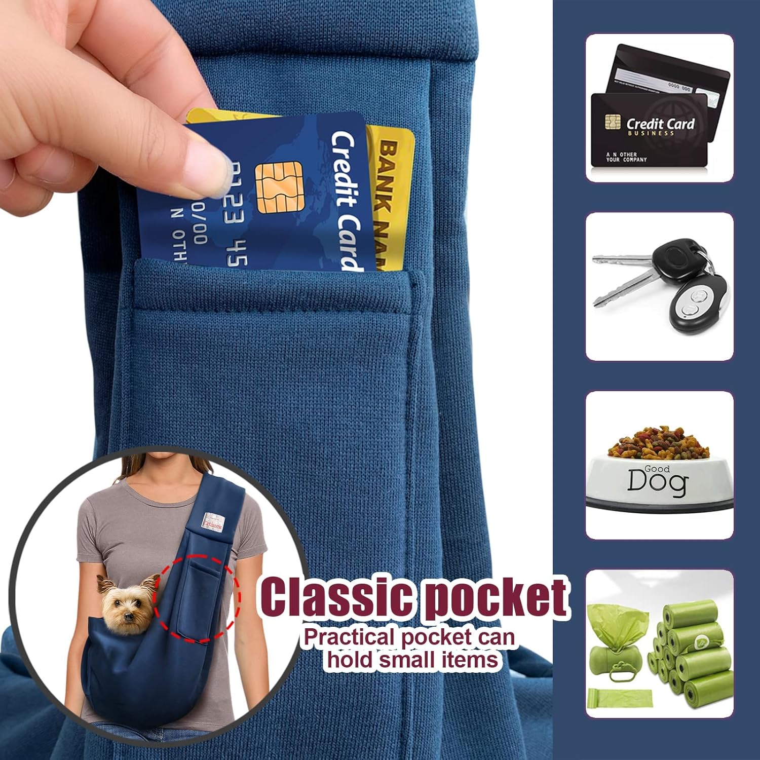 Pet Dog Sling Carrier for 3-10 lbs pet,Dog Purse Pouch,Dog Satchel,Reversible unadjustable Strap Travel Hand-Free Safe Bag Small Puppy Backpack (Dark Blue) - Image 3