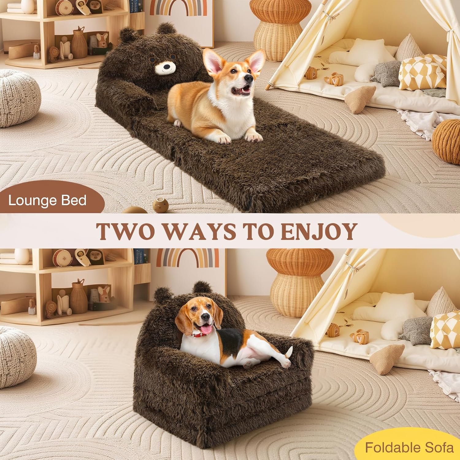 Foldable Dog Bed, Pet Couch for Small Medium Dogs Napping Playing, Washable Removable Comfy Faux Fur Cover, Orthopedic Puppy Bed with High Resilience Memory Foam and Anti-Slip Bottom, Brown - Image 5