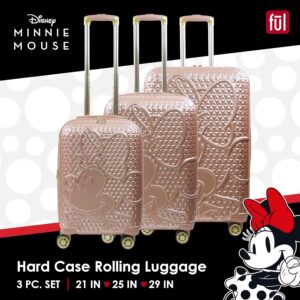 FUL Disney Minnie Mouse Rolling Luggage, Textured Hardshell Suitcase with Wheels, Rose Gold, 3 Piece Set