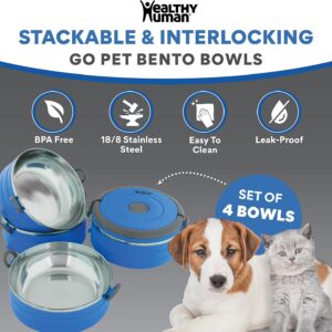 Healthy Human Travel Pet Bento Bowls – Human-Grade Stainless Steel & BPA-Free, Leak-Proof Water & Food Container Set for Dogs & Cats, 4-Pack Interlocking Bowls, Includes Spare Clips & Handle (Blue)