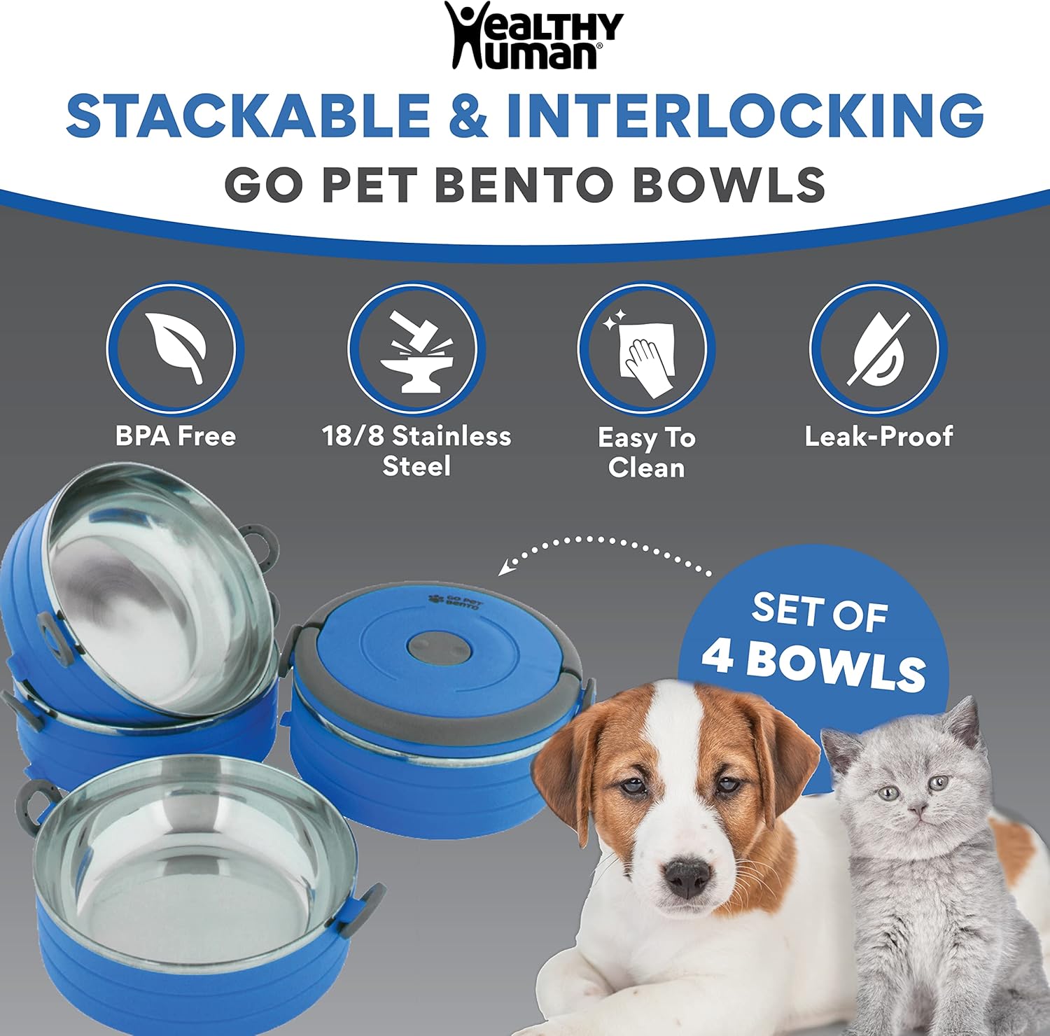 Healthy Human Travel Pet Bento Bowls - Human-Grade Stainless Steel & BPA-Free, Leak-Proof Water & Food Container Set for Dogs & Cats, 4-Pack Interlocking Bowls, Includes Spare Clips & Handle (Blue) - Image 2